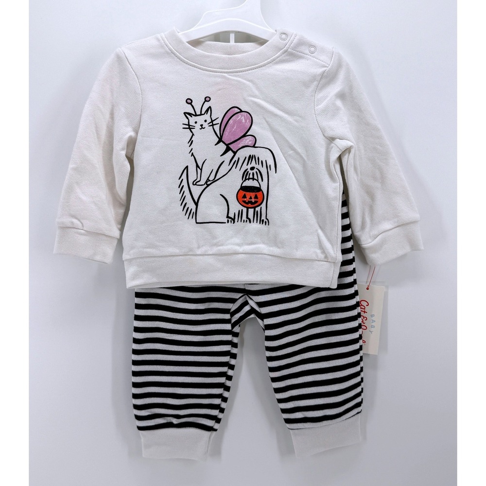 Cat & Jack Baby Halloween Cat Dog Pumpkin Sweatshirt Striped Jogger Set 0-3M